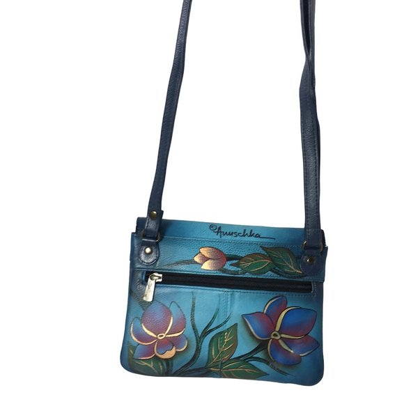 Anuschka NEVER USED Handpaint Leather Small Cross Body Bag Bird Blue - Picture 4 of 16